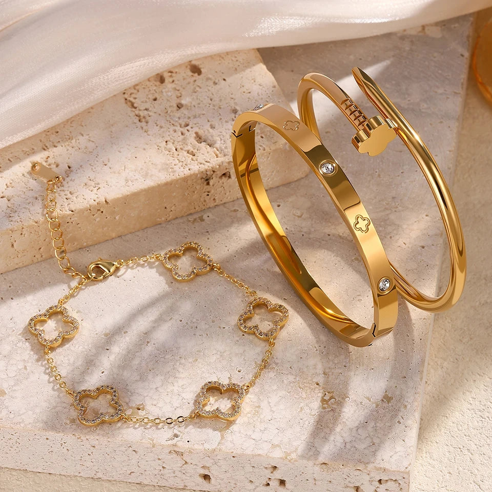 Zircon Flower Stacked Bangle Bracelet