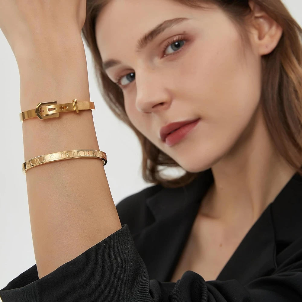 Roman Numeral Stainless Steel Bangle Bracelet